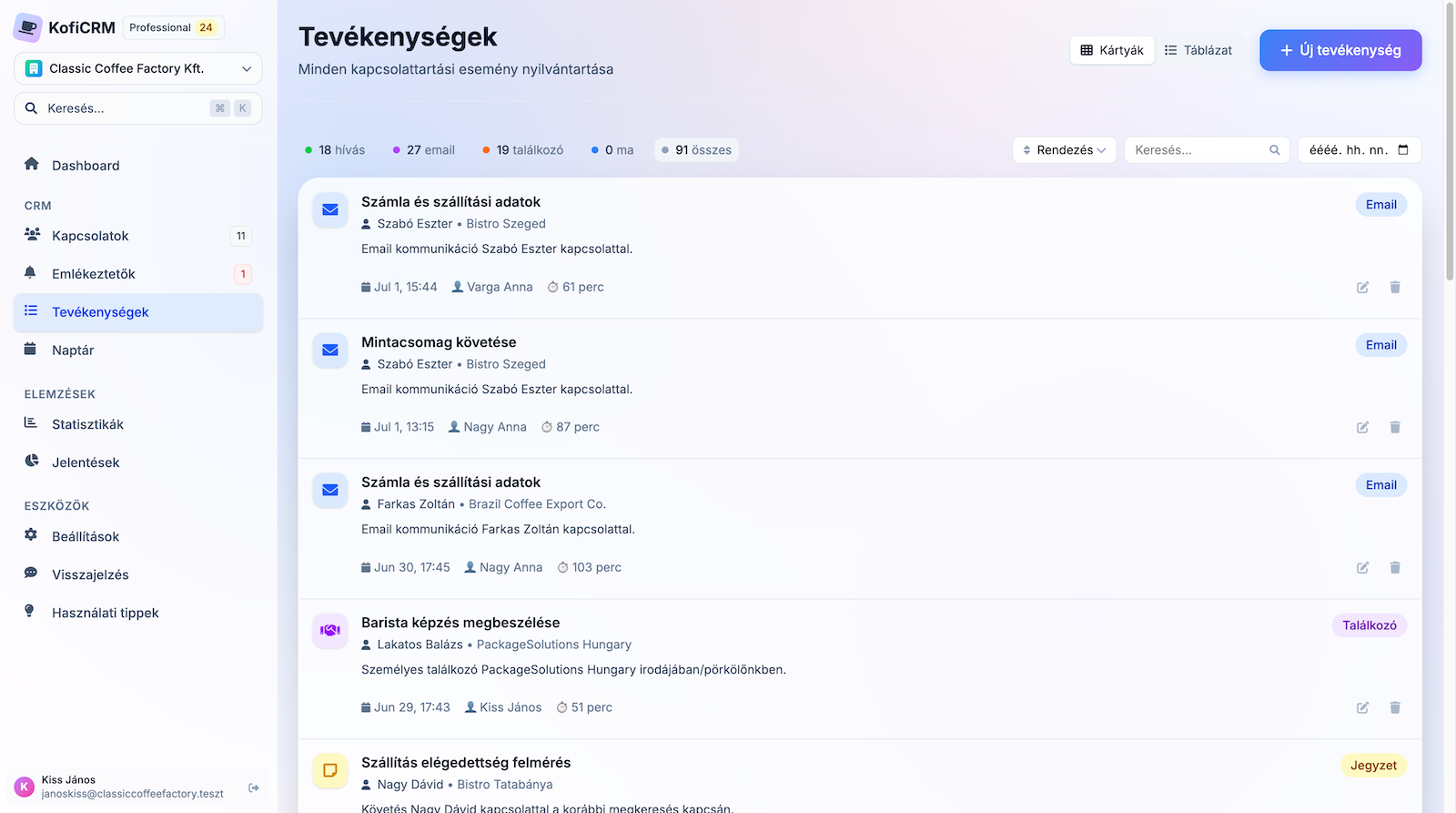 Tevékenységek timeline